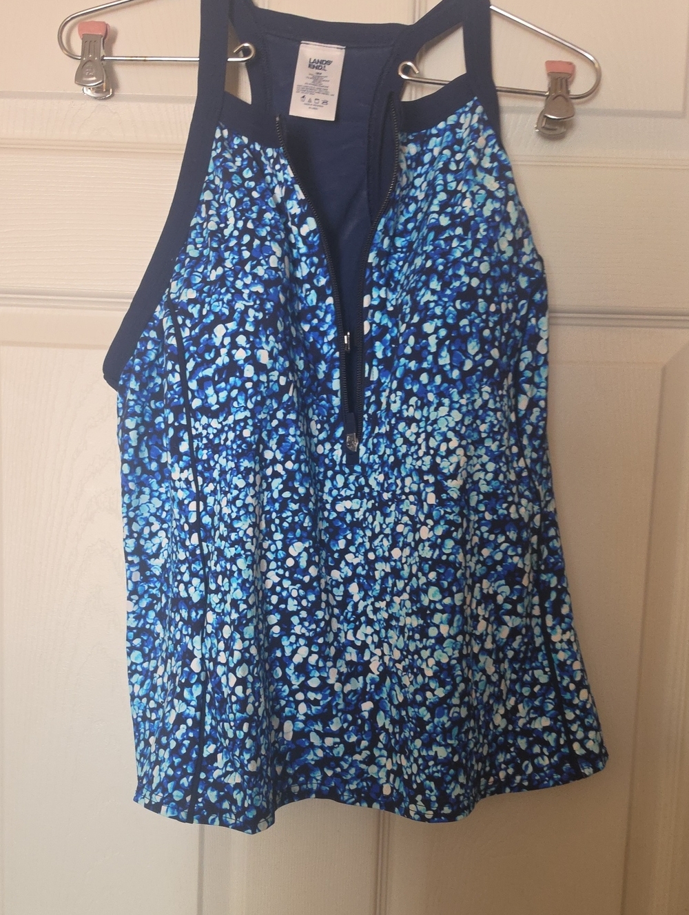 Lands' End Blue Multi-Print Racerback Tankini Top with Front Zip